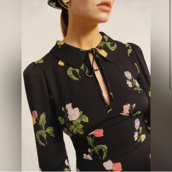 Reformation Will Dress Night Bloom Floral Black Keyhole Peter Pan Collar Size 2 - Picture 2 of 10